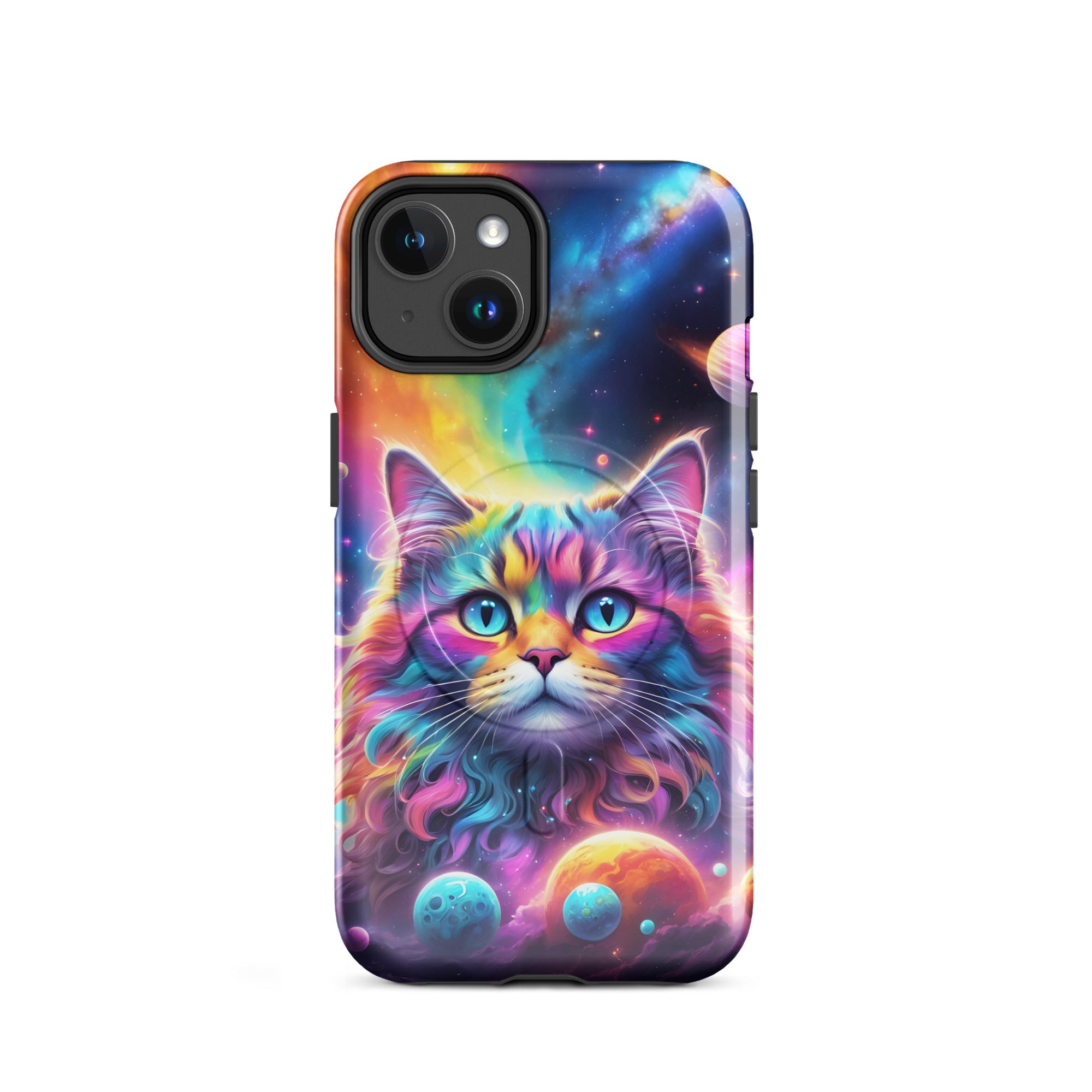 Carcasa resistente MagSafe para iPhone - gato cósmico, galaxia y planetas - CeluMovil