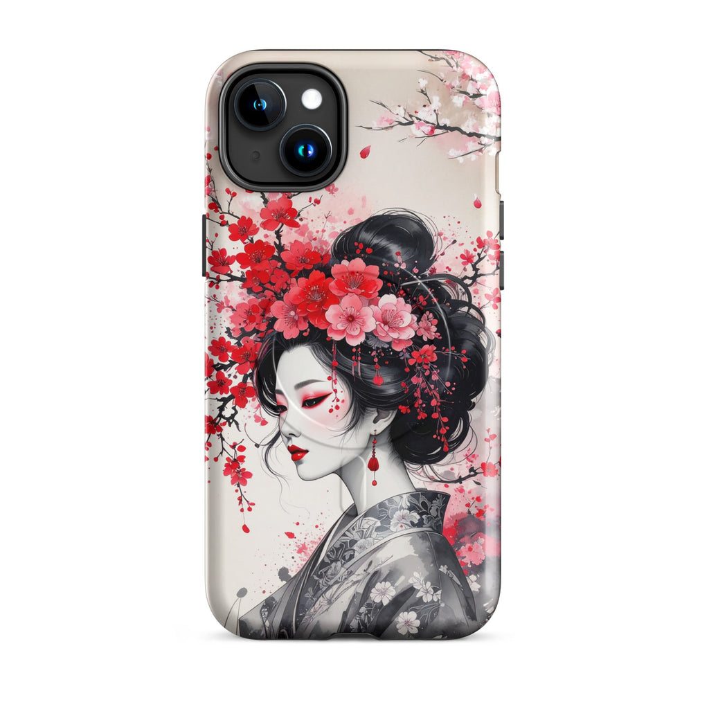 Carcasa resistente MagSafe para iPhone – Geisha con diseño de tinta floral - CeluMovil