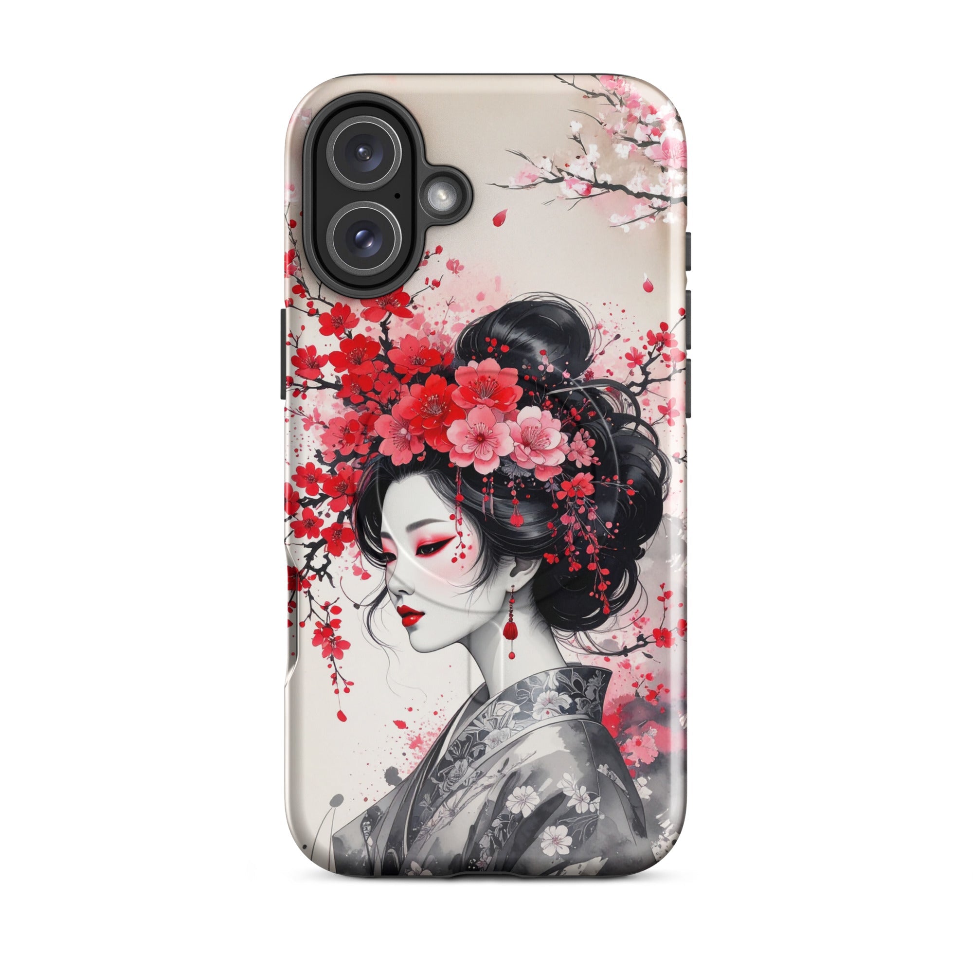 Carcasa resistente MagSafe para iPhone – Geisha con diseño de tinta floral - CeluMovil