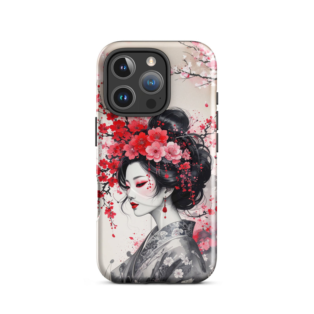 Carcasa resistente MagSafe para iPhone – Geisha con diseño de tinta floral - CeluMovil
