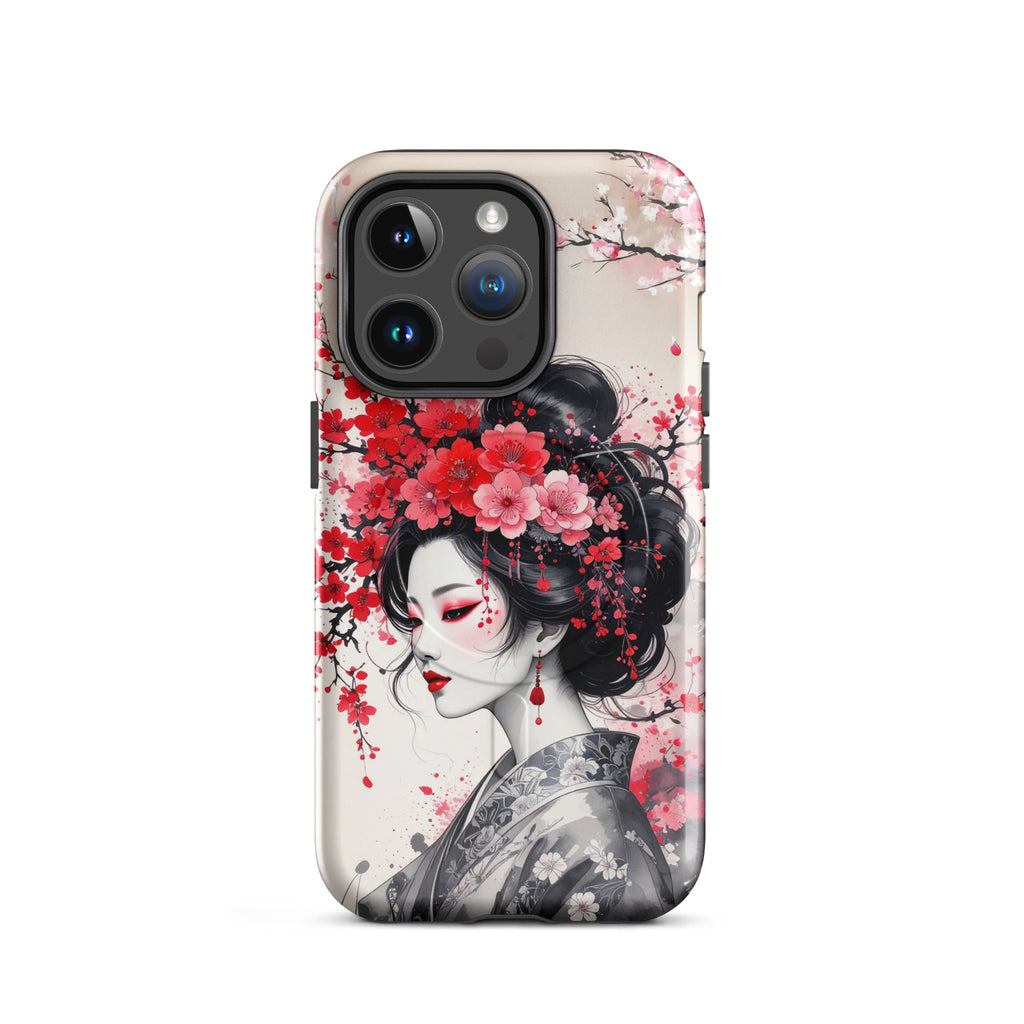 Carcasa resistente MagSafe para iPhone – Geisha con diseño de tinta floral - CeluMovil