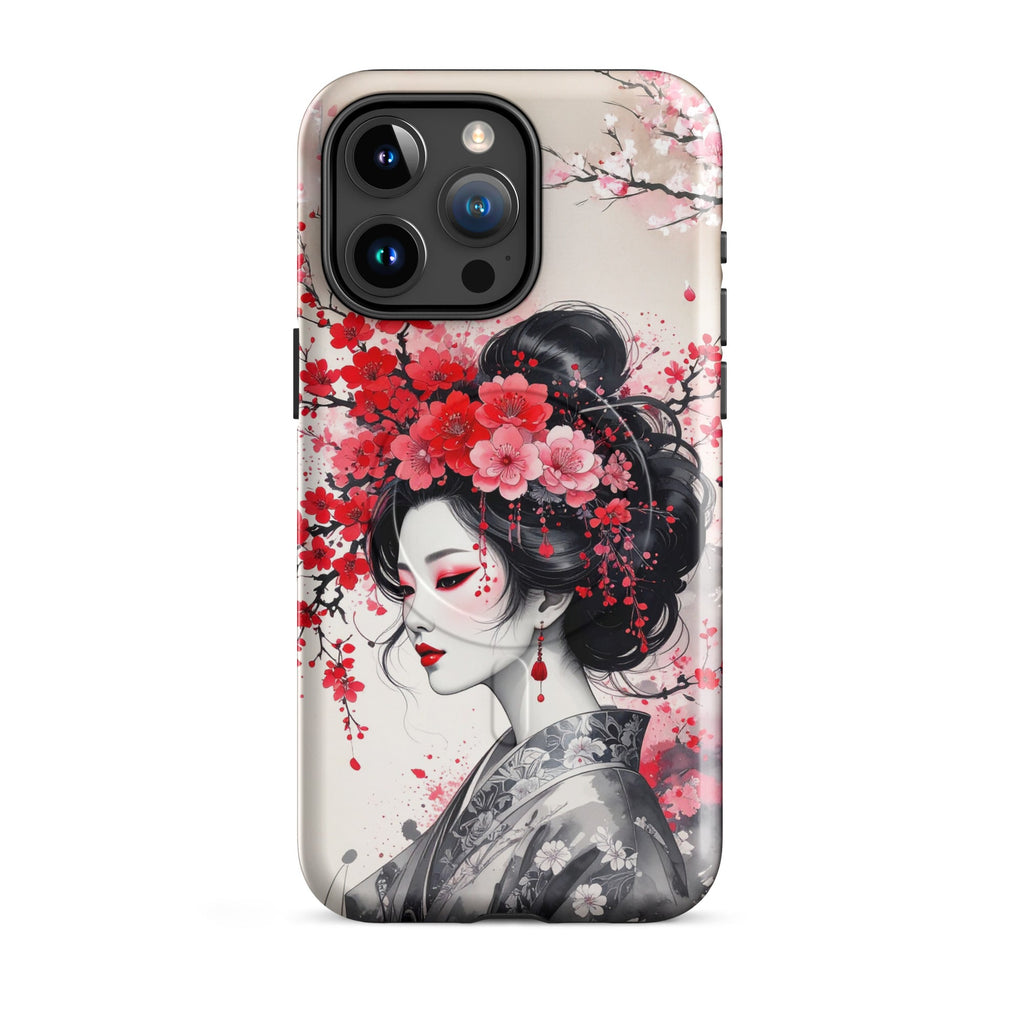 Carcasa resistente MagSafe para iPhone – Geisha con diseño de tinta floral - CeluMovil