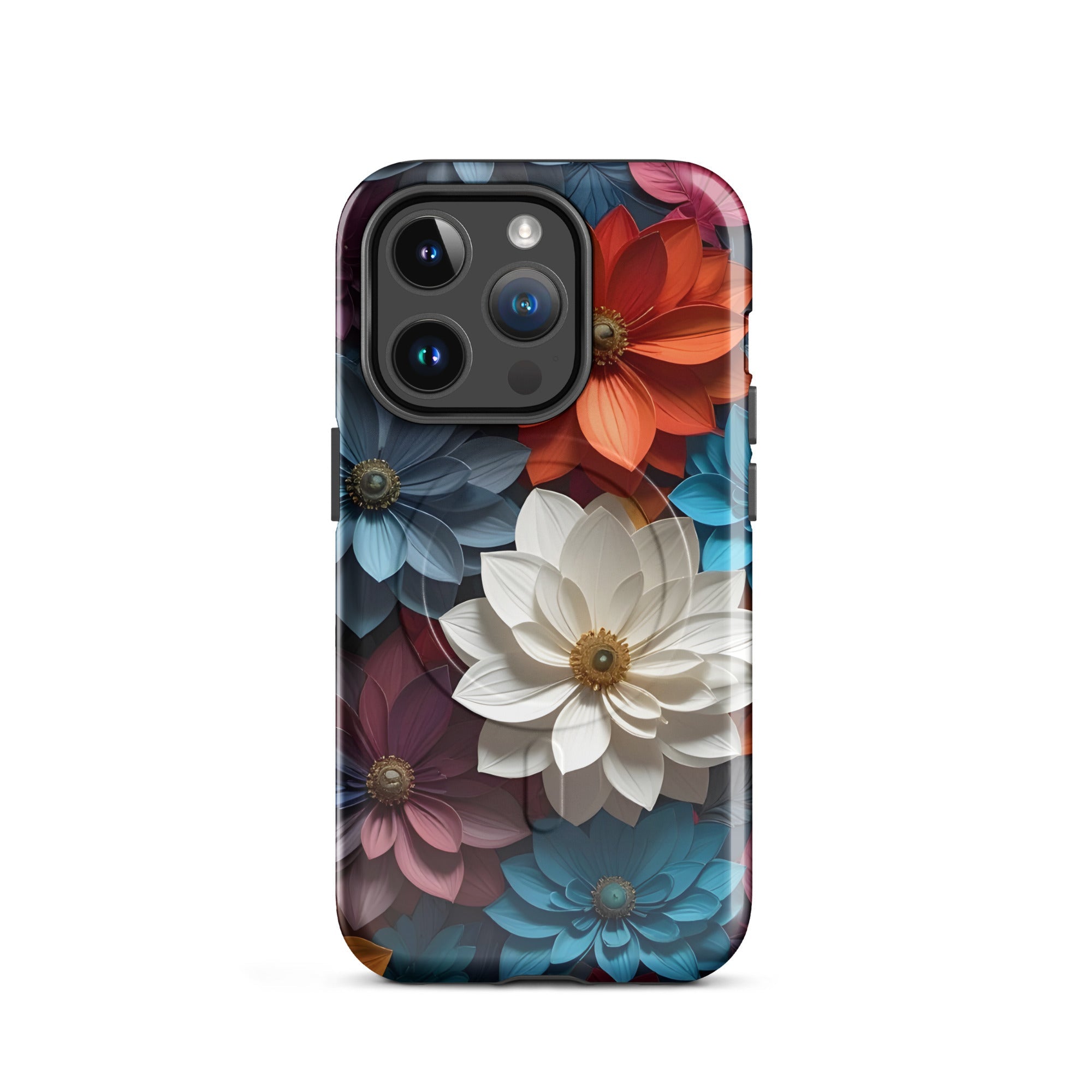 Carcasa resistente MagSafe para iPhone – Midnight Paper Blooms con diseño floral 3D - CeluMovil