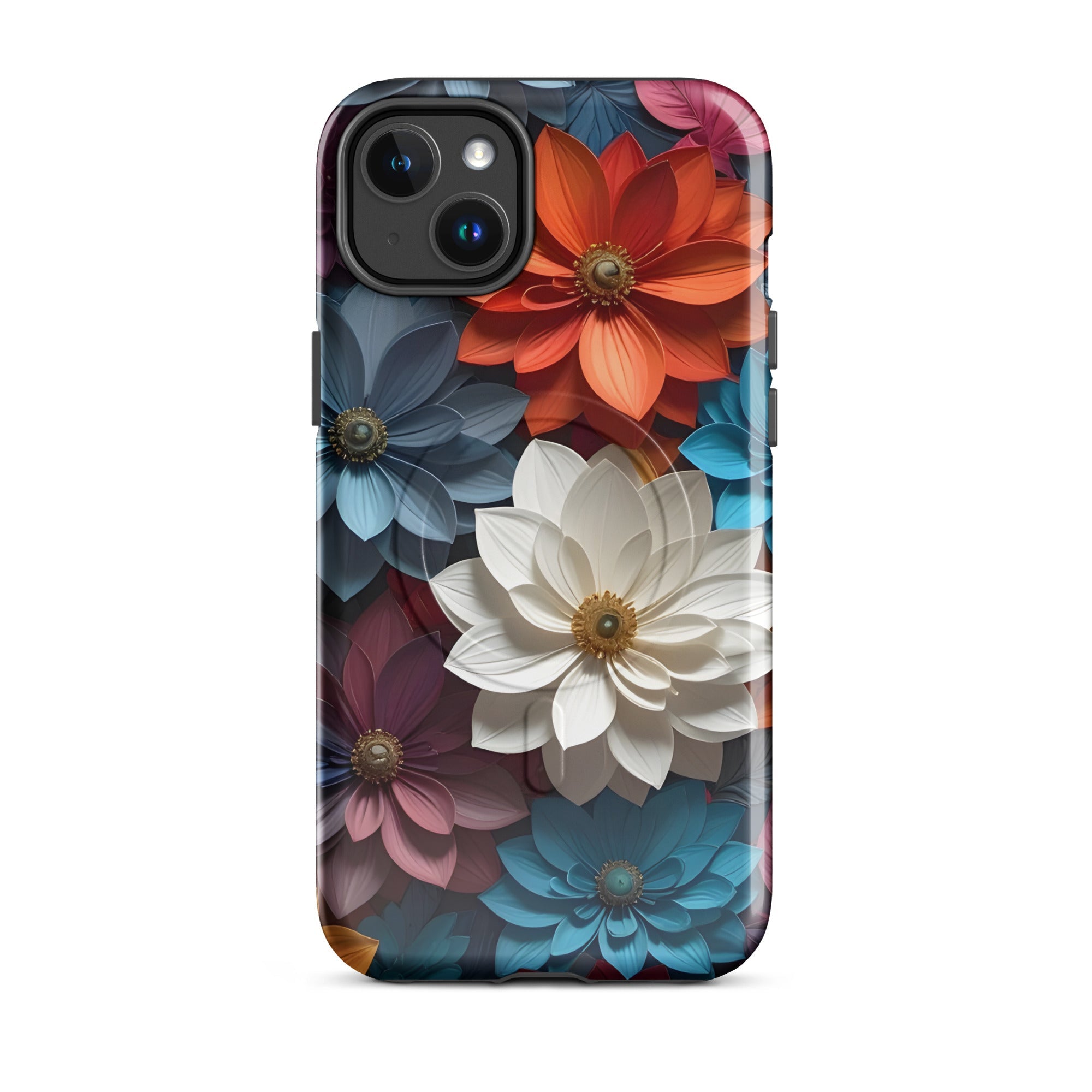 Carcasa resistente MagSafe para iPhone – Midnight Paper Blooms con diseño floral 3D - CeluMovil