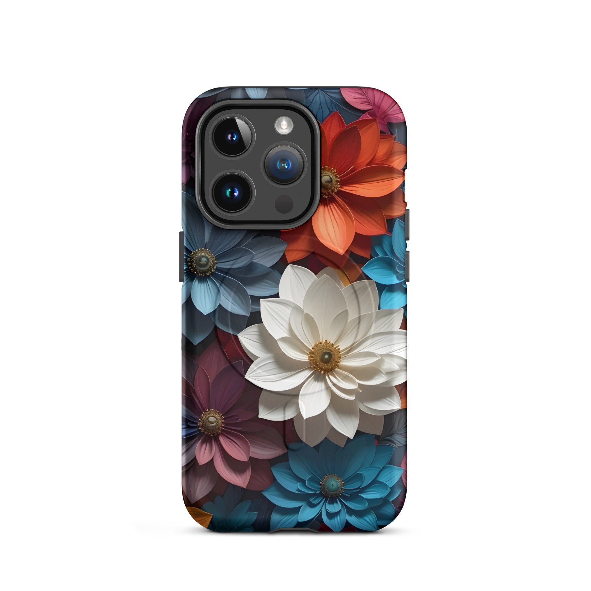 Carcasa resistente MagSafe para iPhone – Midnight Paper Blooms con diseño floral 3D - CeluMovil