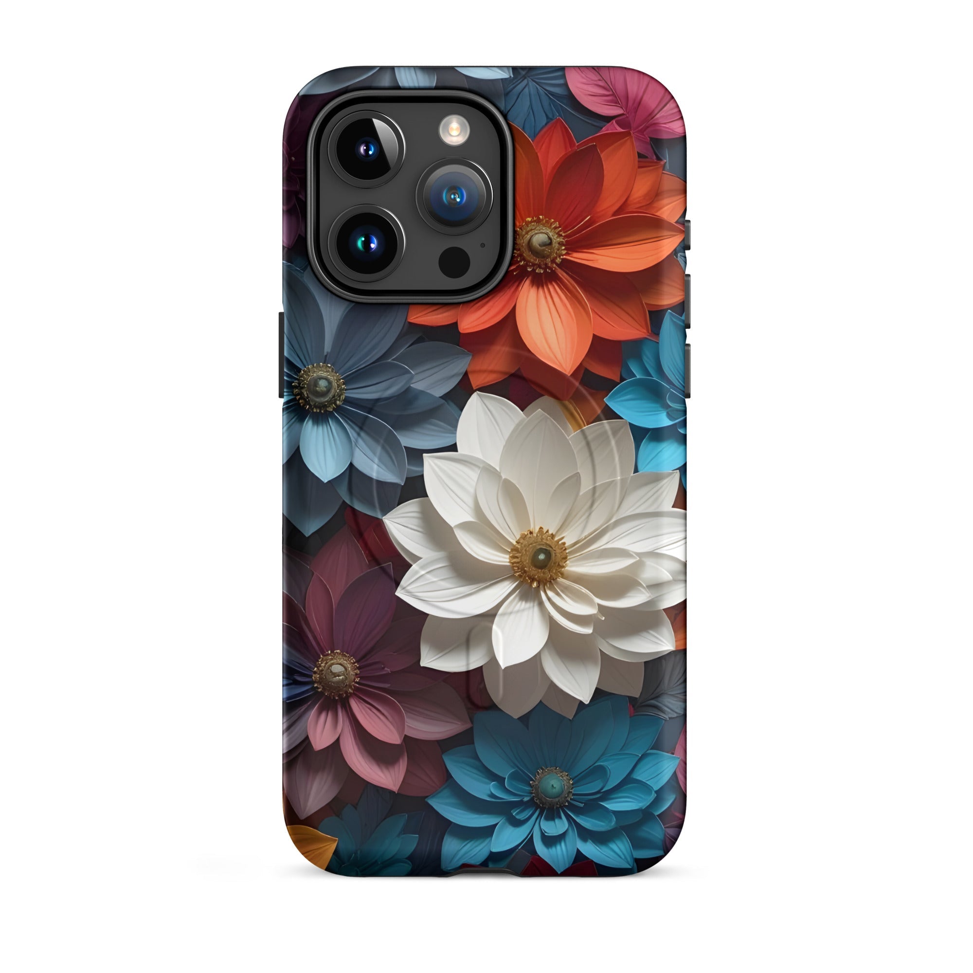 Carcasa resistente MagSafe para iPhone – Midnight Paper Blooms con diseño floral 3D - CeluMovil
