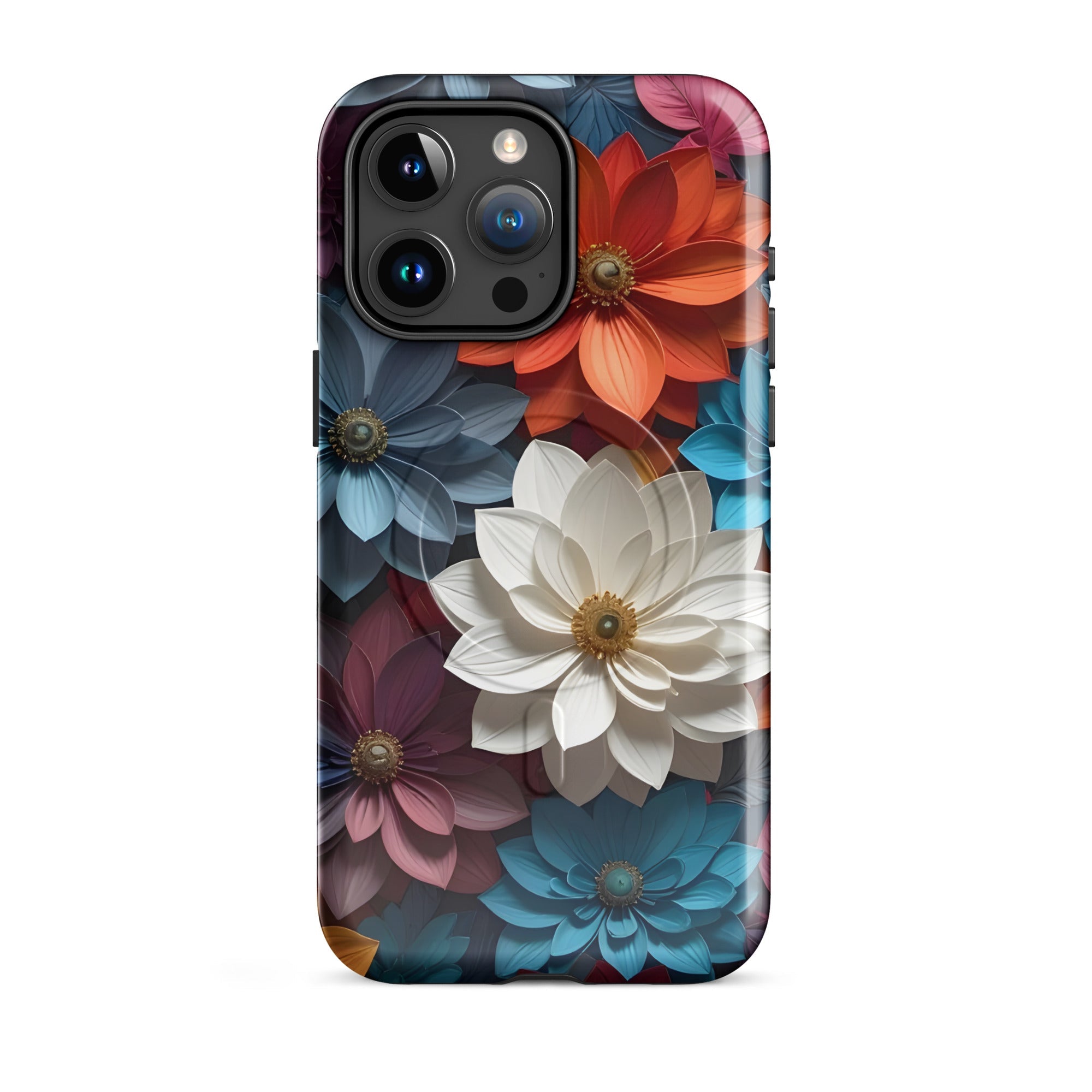 Carcasa resistente MagSafe para iPhone – Midnight Paper Blooms con diseño floral 3D - CeluMovil