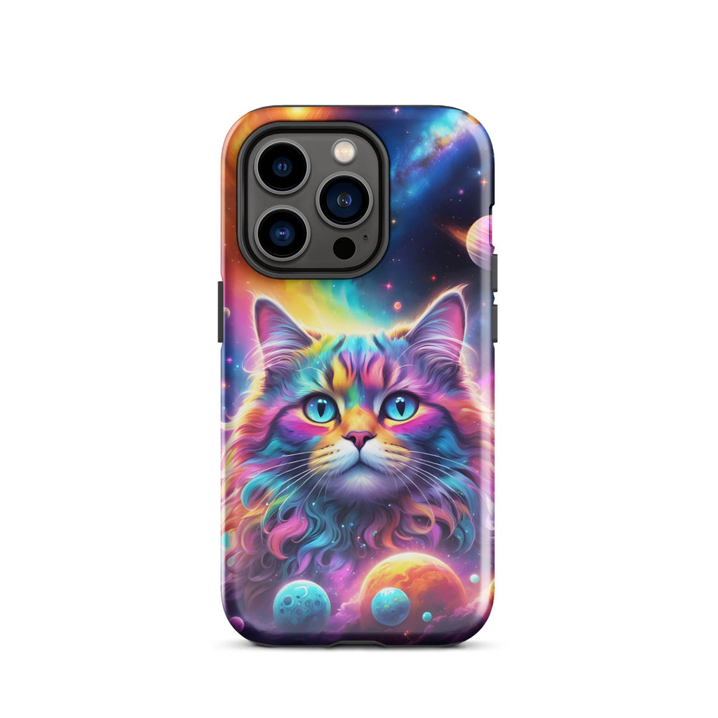 Carcasa resistente para iPhone - gato cósmico, galaxia y planetas - CeluMovil
