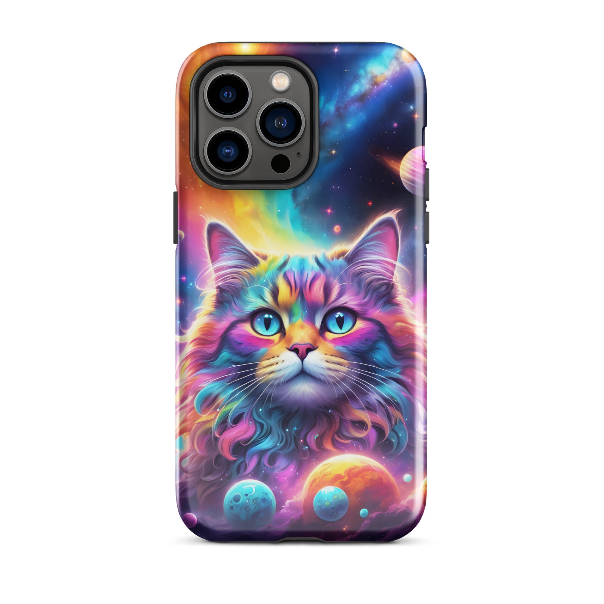 Carcasa resistente para iPhone - gato cósmico, galaxia y planetas - CeluMovil