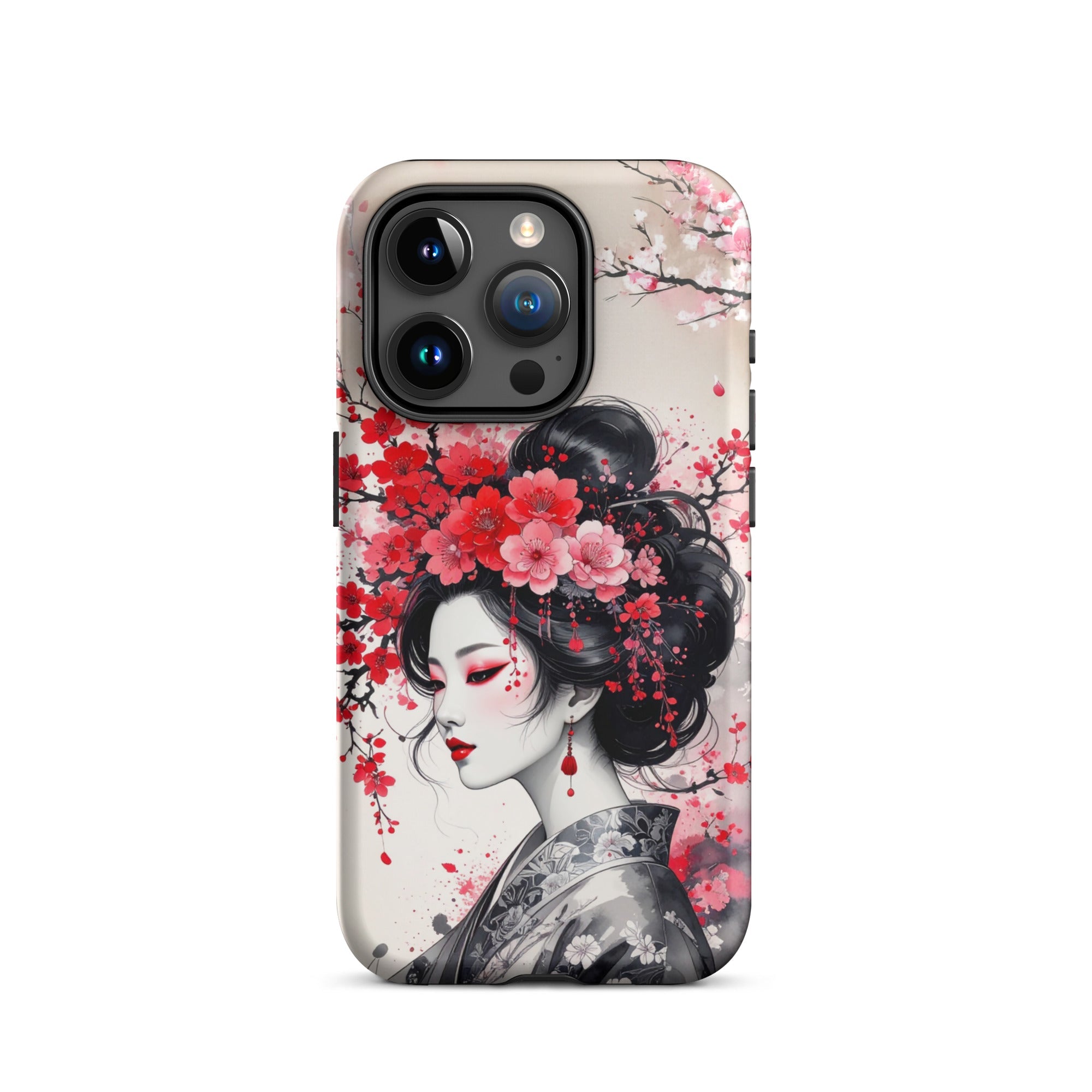 Carcasa resistente para iPhone – Geisha con diseño de tinta floral - CeluMovil