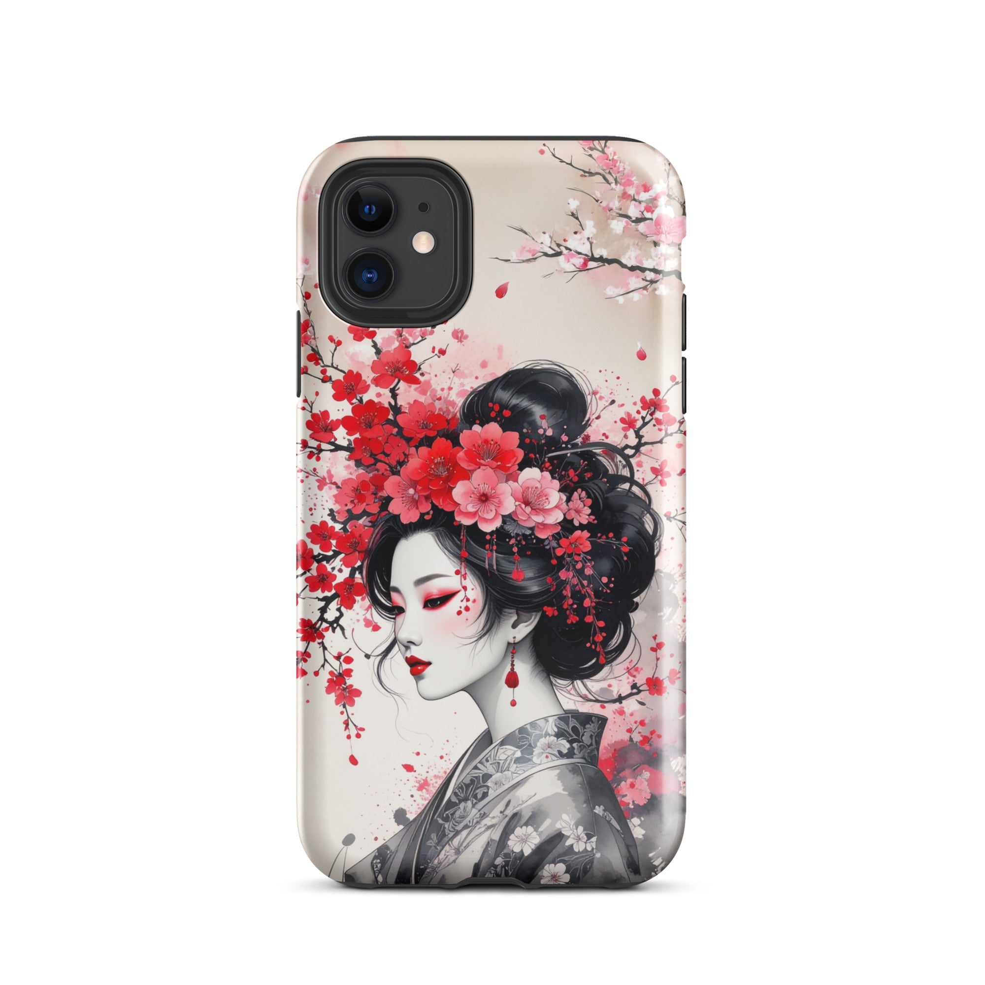 Carcasa resistente para iPhone – Geisha con diseño de tinta floral - CeluMovil