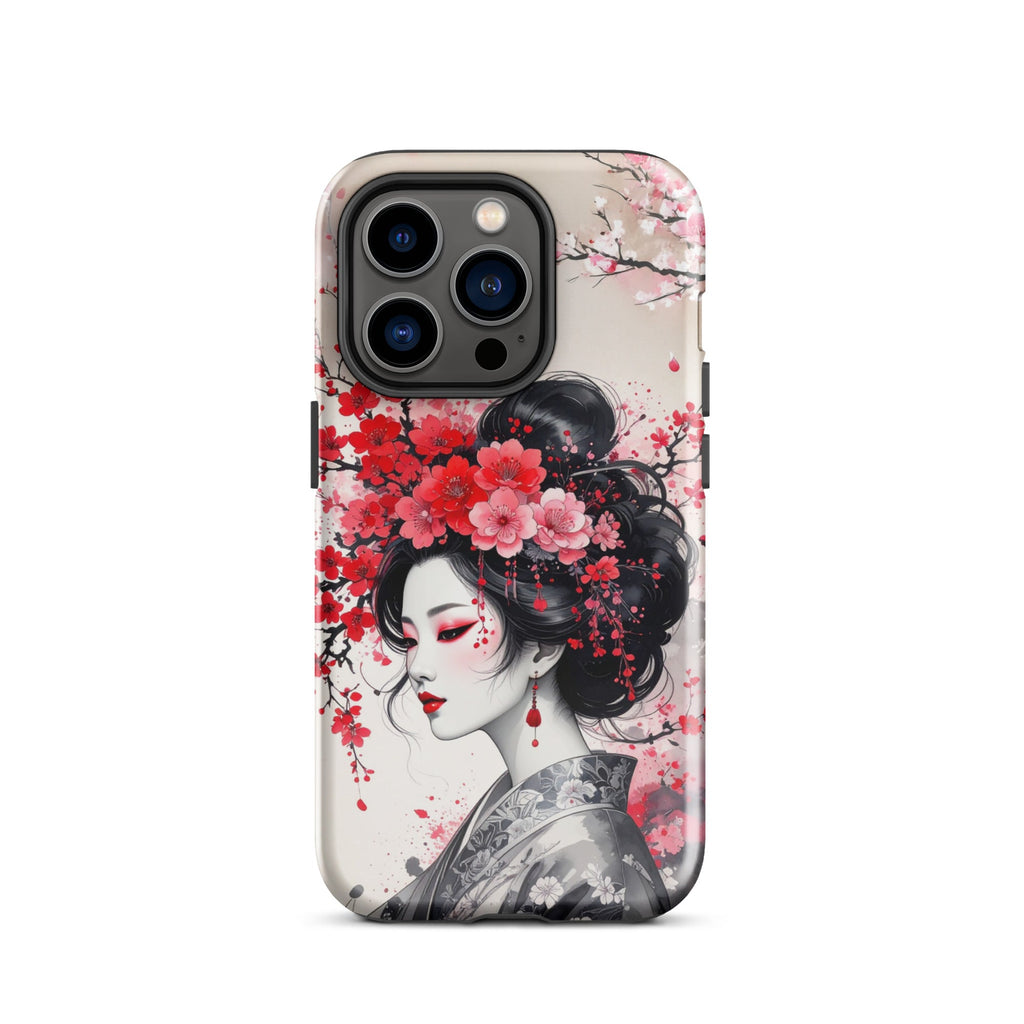 Carcasa resistente para iPhone – Geisha con diseño de tinta floral - CeluMovil