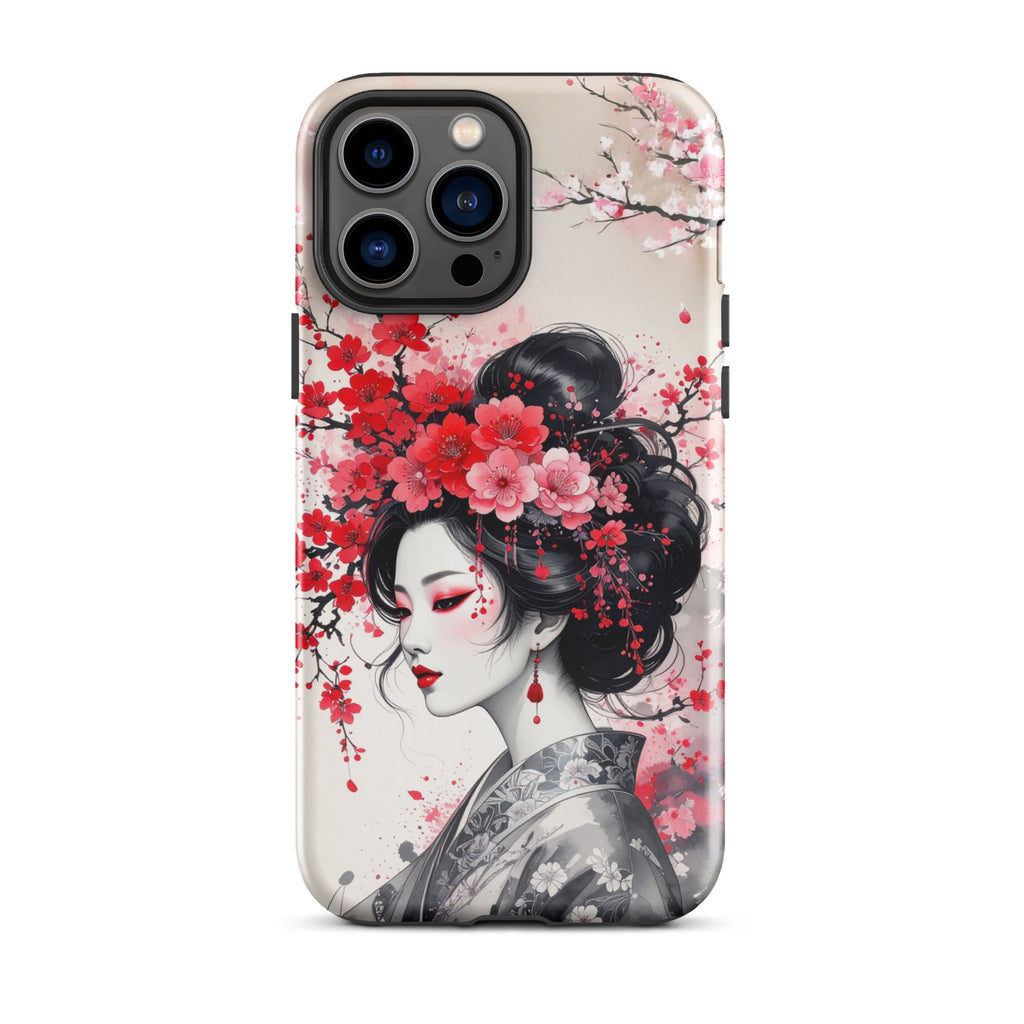 Carcasa resistente para iPhone – Geisha con diseño de tinta floral - CeluMovil