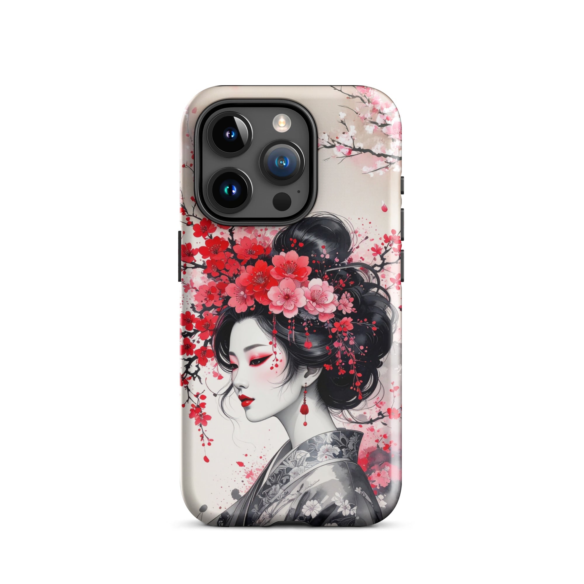 Carcasa resistente para iPhone – Geisha con diseño de tinta floral - CeluMovil