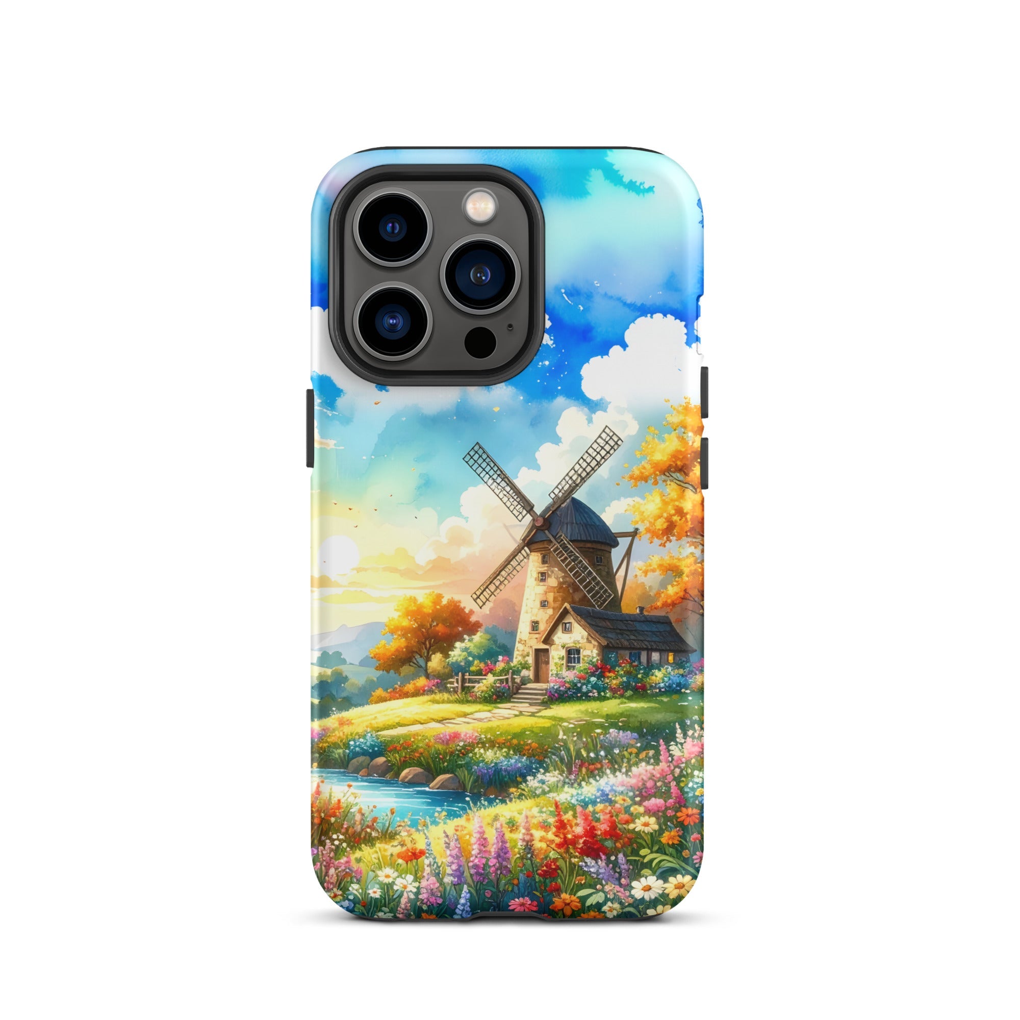 Carcasa resistente para iPhone – Pradera soleada con molino de viento Cottagecore - CeluMovil